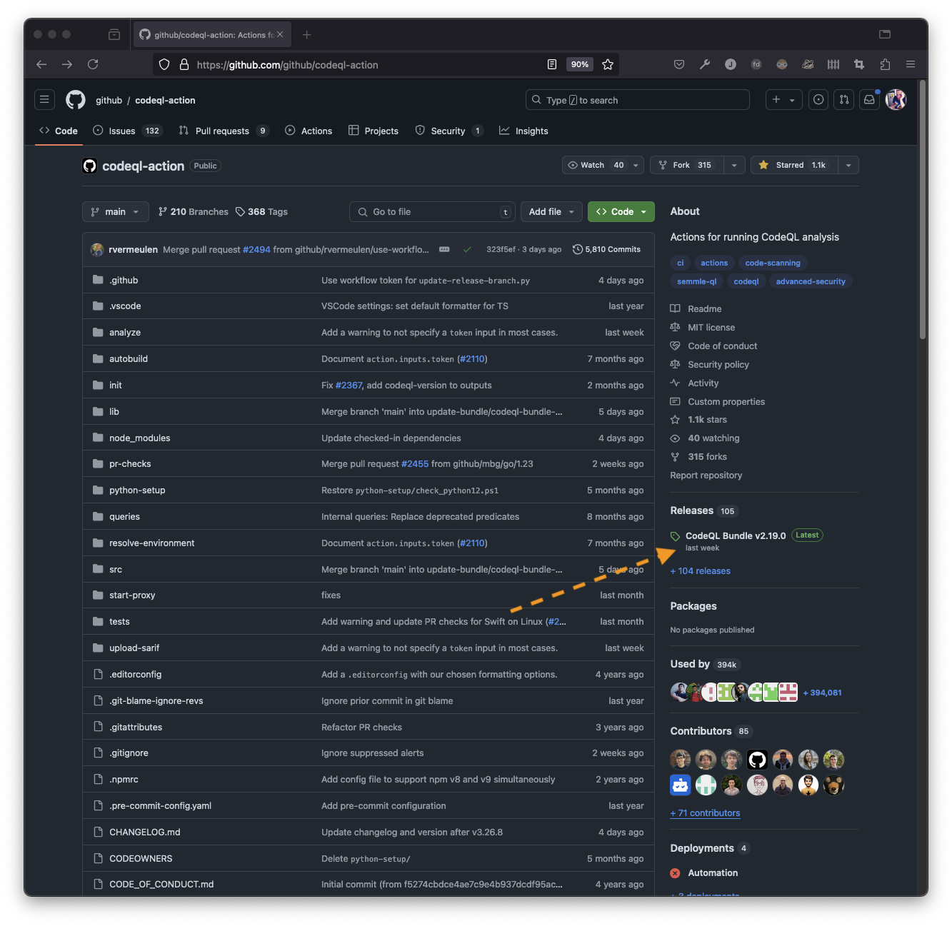 Screenshot of change log