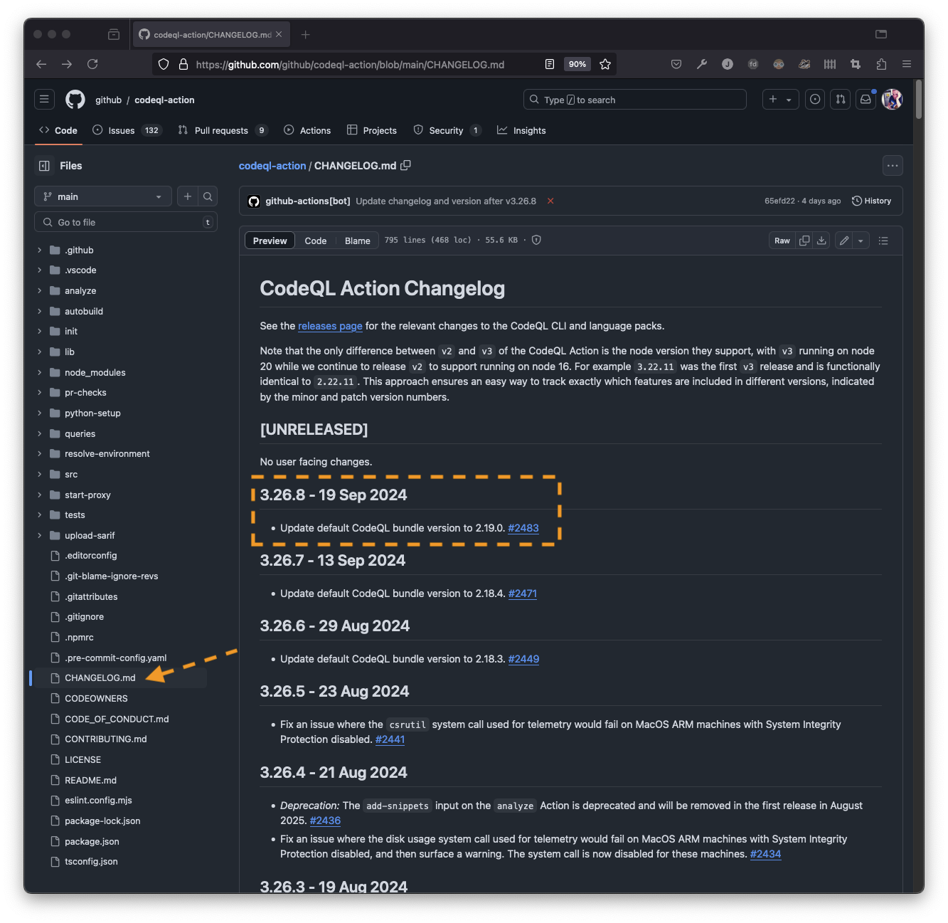 Screenshot of change log file