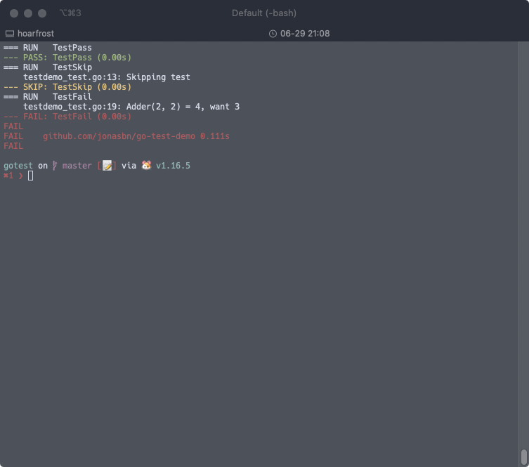 Colorful terminal test output